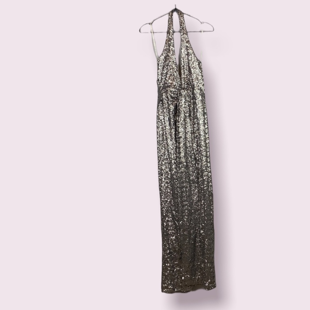 Halston Heritage Metallic Silver Sequin Halter Maxi Dress